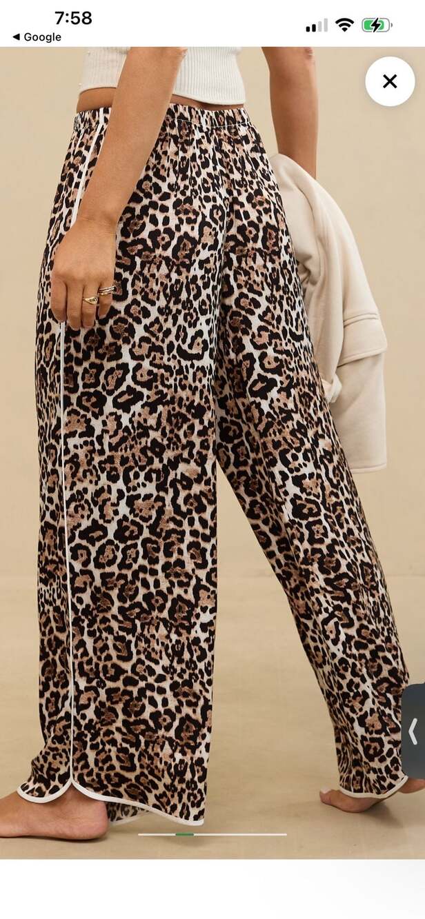 Aerie Off-Duty Satin Leopard Print Piping Pajama Trouser Pants - Picture 2 of 9